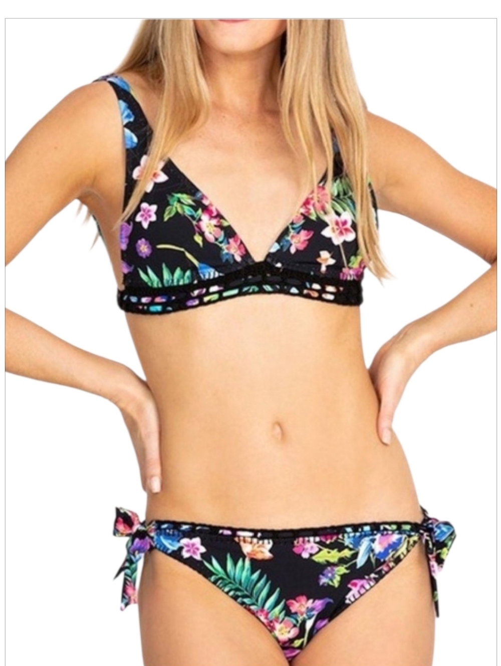 Johnny Was Caribbean Crochet Bikini Set Black Floral Halter Two Piece NWT XS